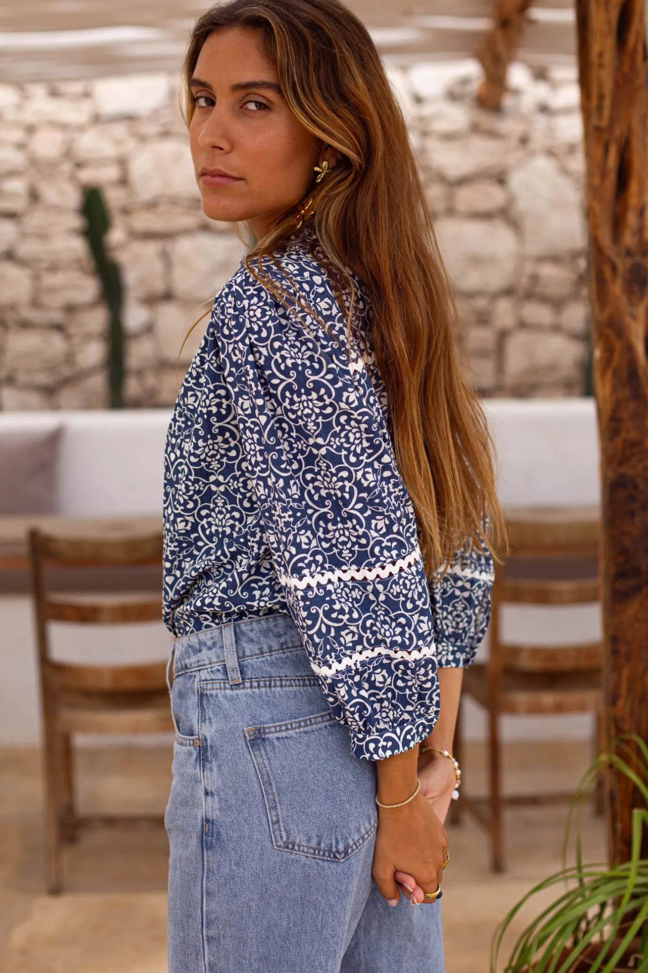 Sahomashop Blouses & Chemises<BlouseMaloubleue bleuetimpriméfleuriblanc